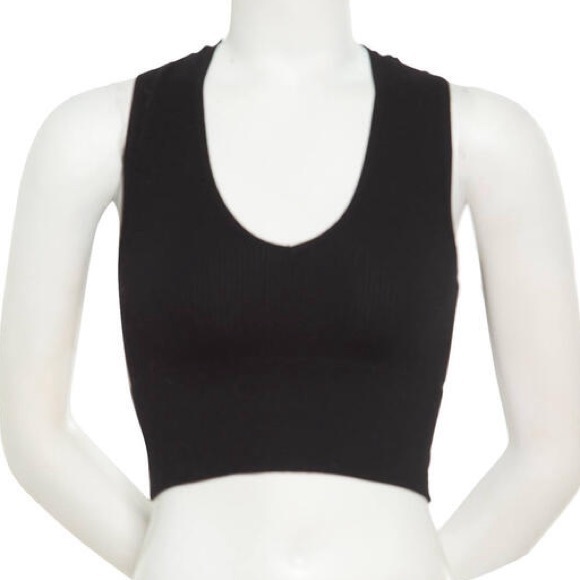 Poof! Tops - Poof! Black Ribbed Crop Tank Seamless V Neck Fitted Top Large